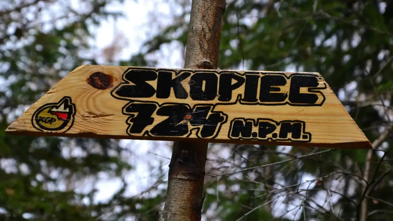 Drewniana tabliczka na drzewie informuje o szczycie Skopiec 724 m n.p.m.