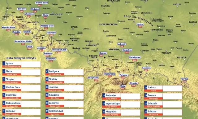 Mapa przedstawia szczyty górskie w Polsce, od Karkonoszy po Bieszczady.