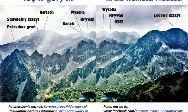 Majestatyczne wszystkie szczyty tatr, w tym Gerlach, Krywań i Rysy, w mglistej, górskiej scenerii.