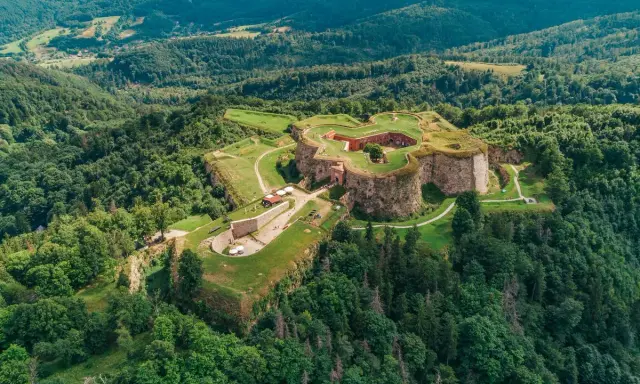 Forteca na zielonym wzgórzu, niczym srebrna góra, otoczona lasem.
