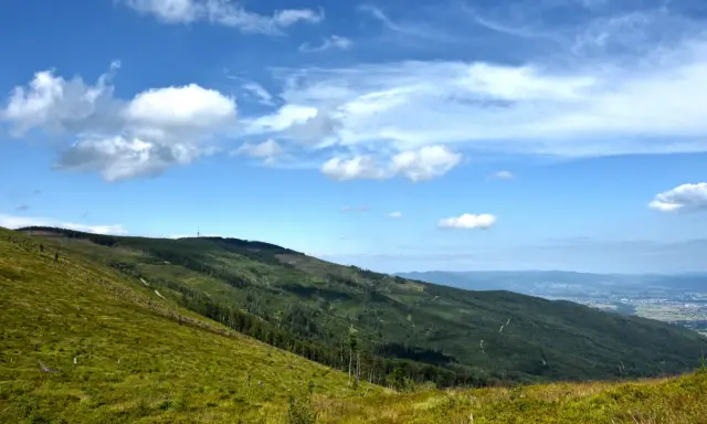 Zielone, trawiaste zbocze schodzi ku lasom i miastu w oddali. W tle widać kolejne pasma górskie i niebo z chmurami. To malownicze **beskidy szczyty**.