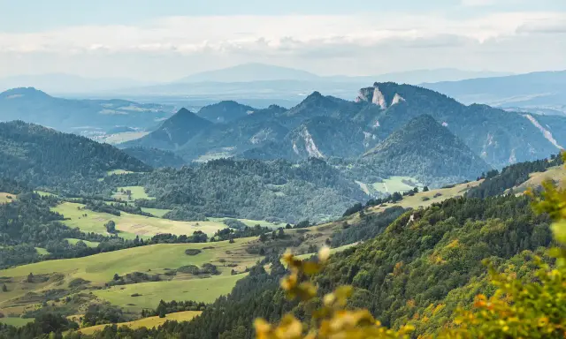 Krajobraz z wysokich Pienin, zalesione zbocza, zielone pola i skaliste szczyty w oddali.