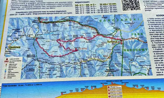 Trasa narciarska na Turbacz: 22 km, 570 m przewyższenia. Pokonanie zajmuje ok. 2,5-3h w górę. Gdzie jest Turbacz? Na mapie zaznaczono szlak.