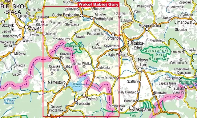 Mapa turystyczna z zaznaczonym obszarem wokół Babiej Góry, obejmującym Beskid Żywiecki, Gorce i Tatry.