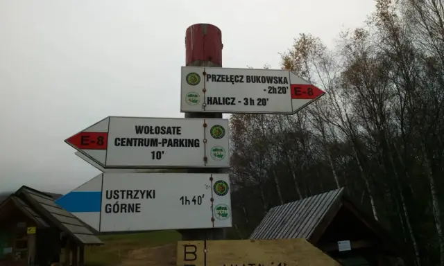 Rozdroże szlaków turystycznych: Halicz, Ustrzyki Górne, Wołosate. Wskazówki drogowe E-8.