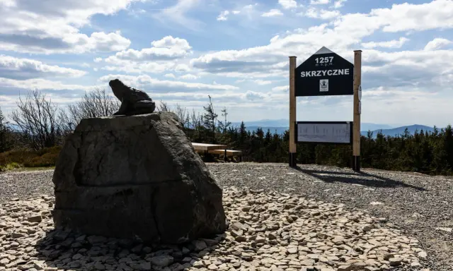 Kamienna żaba na Skrzycznem, jednym z najwyższych beskid śląski szczyty. Tablica informacyjna i ławka zapraszają do podziwiania panoramy.