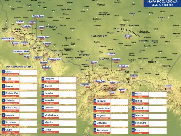 Mapa przedstawia szczyty górskie w Polsce, od Karkonoszy po Bieszczady.